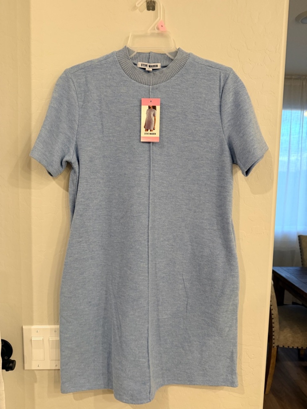 Steve Madden Powder Blue Knit Short Sleeve Shift Dress with pockets